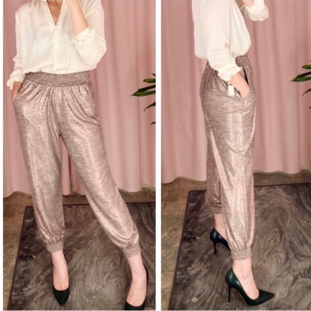 ANTHROPOLOGIE Metallic Rose Gold Elastic Waist High Rise Joggers Size M
